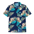 Men's navy blue short sleeve beach shirt with vibrant tropical floral hibiscus print - S / Deep Blue Hibiscus Monstera Style (BDS191)