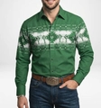 Men's long sleeve green shirt with white Aztec geometric patterns on chest and sleeves - S / Tops / Green Aztec Geometric (ACS39)