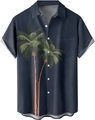 Detail of navy blue Hawaiian shirt featuring white palm tree prints and front pocket - M / Blue Tropical Coconut Tree Style (TTCS1003)