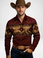 Men's western long sleeve shirt in burgundy with Aztec tribal patterns and classic collar - S / Tops / Wine Red Aztec Geometric (ACS39)