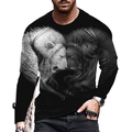 Detail of the high-quality 3D twin lions print on a black long-sleeve crewneck t-shirt - S / Tops / Double Lion Yin Yang Style