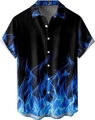 Detailed view of Cuban collar and blue flame print on black short sleeve shirt - M / Blue Flame Style (TTCS1005)