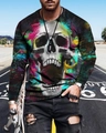 Close-up of vibrant 3D skull graphic print on black long sleeve street t-shirt - S / Tops / Route 66 Colorful Skull Style