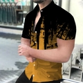 Close-up of men's casual shirt featuring artistic yellow ink splash print on black fabric - M / Black Orange Yellow Art Brush Style (DXZC-178)