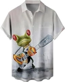 Close-up of short sleeve shirt showing button-down collar and cartoon frog playing guitar - M / Frog Guitar Art Style (TTCS1012)