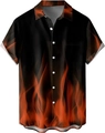 Detail of men's black short sleeve shirt with vibrant red and orange flame prints - M / Red Orange Flame Black Base Style (TTCS1014)