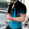 Detail of men's casual shirt with black and blue ink-splash print and white buttons - M / Black Lake Blue Irregular Splash Style (DXZC-177)