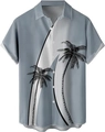 Close-up of Hawaiian shirt collar with grey-white splicing and black palm tree print - M / Gray White Splicing Coconut Tree Style (TTCS1016)
