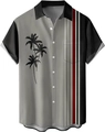 Detail view of breathable short sleeve shirt with palm tree print and vertical stripes - M / Gray Black Splicing Stripe Coconut Tree Style (TTCS1017)