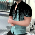 Detail view of men's casual short sleeve shirt featuring black and light cyan splice print - M / Black Cyan Splicing Print Style (DXZC-172)