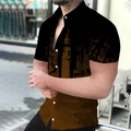 Detail of men's short sleeve shirt featuring retro black and brown gradient paint splatter print - M / Black Brown Vintage Brushed Style (DXZC-169)