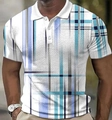 Primer plano del polo blanco con estampado de rejilla digital 3D azul y cuello clásico - 4XL / Cuadrícula Geométrica Azul Negro (PLD-56)
