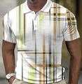 Primer plano de polo blanco para hombre con patrones geométricos 3D y cuello con botones - 4XL / Cuadrícula Abstracta Amarillo Verde Gris (PLD-58)