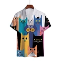 Men's short sleeve white shirt featuring colorful cartoon cat print and lapel collar - 4XL / Colorful Cartoon Cat White Background (DZ-09)