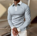 Dettaglio di polo da uomo slim fit a maniche lunghe con colletto bianco e cerniera argentata - 4XL / Grigio chiaro