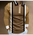 Détail d'un polo camel à manches longues avec col zippé et imprimé numérique texturé - S / Hauts / Camel avec Fin Quadrillage Noir et Rayures Verticales (PLLC-66)