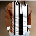 Détail du polo à manches longues pour hommes avec rayures et col zippé contrasté - S / Hauts / Rayures Longitudinales Patchwork Marron Noir Blanc (PLLC-69)