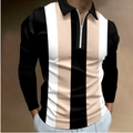 Détail du polo à manches longues avec impression numérique et col zippé métallique - S / Hauts / Rayures de patchwork noir blanc beige (PLLC-70)