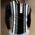 Détail d'un polo à manches longues pour hommes avec rayures noires et blanches et fermeture - S / Hauts / Rayures Verticales Noir Blanc (PLLC-73)