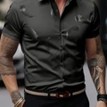 Men's short sleeve shirt with grey feather digital print and slim fit button-down style - S / Silver Gray Feather Black Satin (DZ-34)