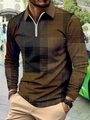 Détail du polo pour hommes avec motifs géométriques et fermeture éclair argentée - S / Hauts / Grille Géométrique Patchwork Marron Noir (PLLC-84)