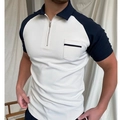 Herren 3D-Druck Poloshirt mit Reißverschluss, Kontrastärmeln und einer Brusttasche - S / Weiß Farblock Patchwork Stil (PLLD-48)