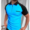Kurzarm-Poloshirt in Hellblau und Schwarz mit Reißverschlusskragen und Brusttasche - S / Hellblau Farblock Patchwork Stil (PLLD-49)