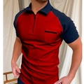 Herren Slim Fit Polo-Shirt mit Reißverschlusskragen und stylischem Kontrastdesign - S / Rot Farblock Patchwork Stil (PLLD-47)