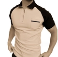Schmal geschnittenes Herren Poloshirt mit Kontrastkragen und Reißverschluss Tasche - S / Beige Farblock Patchwork Stil (PLLD-49-2)