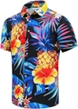 Gedetailleerde weergave van tropische ananas- en bloemenprint op zwart Hawaï-shirt - M / Ananas Hibiscus Stijl (TTCS1071)