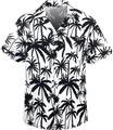 Detail van de klassieke Cubaanse kraag en zwarte palmboomprint op wit Hawaiiaans shirt - M / Zwart-wit Palmboom Stijl (TTCS1073)