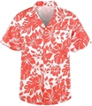 Detail van de rode tropische bloemenprint op de witte stof van het Hawaïaanse shirt - M / Rode Bloemen Grote Bladeren Stijl (TTCS1074)
