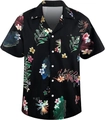 Detail view of tropical floral print on black Hawaiian shirt with Cuban collar and chest pocket - M / Black Rainforest Floral Style (TTCS1075)