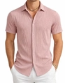 Men's soft pink short sleeve casual shirt with vertical stripe texture and lapel - S / Tops / Pink