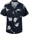 Detail of the navy blue Hawaiian shirt showing orchid print and white buttons - M / Navy Orchid Style (TTCS1076)