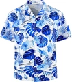 Detail view of tropical hibiscus and monstera prints on a men's summer shirt - M / White Ocean Hibiscus Style (TTCS1077)