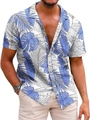 Detail view of blue and white tropical leaf print on lightweight Hawaiian short sleeve shirt - M / Blue White Leaf Style (QCST2001)
