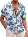 Detail of tropical Hawaiian floral print and chest pocket on men's summer short sleeve shirt - M / Blue White Floral Style (QCST2003)