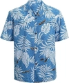 Detail view of tropical blue short sleeve Hawaiian shirt with white palm leaves and boat print - M / Bright Blue Canoe Style (TTCS1079)