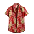 Red short sleeve shirt with gold Baroque floral patterns and vintage sun print - 3XL / Tops / Color 14
