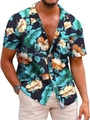Detail of tropical hibiscus print and button-down collar on a blue Hawaiian shirt - M / Dark Blue Hibiscus Style (QCST2004)