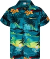 Detailed view of 3D tropical print with hibiscus and palm trees on men's shirt - M / Sea View Coconut Style (TTCS1080)