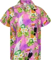 Detail of pink Hawaiian shirt featuring tropical prints of parrots and pineapples - M / Pink Tropical Bird Style (TTCS1081)