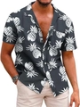 Detailed view of men's summer shirt with white pineapple print and functional chest pocket - M / Tops / Dark Grey White Pineapple Style (QCST2020)