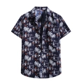 Detail of navy blue short sleeve shirt with white coconut trees and sunset prints - 3XL / Tops / c7