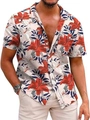 Detail of tropical floral print and matching chest pocket on men's summer shirt - M / Tops / Off-White Red Blue Floral Style (QCST2022)