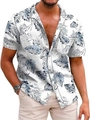 Close-up detail of Hawaiian shirt showing tropical blue leaf pattern and chest pocket - M / Tops / White Blue Feather Leaf Style (QCST2023)