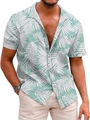 Detail of tropical palm leaf print on mint green short sleeve shirt with chest pocket - M / Tops / Mint Green White Palm Style (QCST2024)