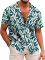 Detail of tropical leaf print and chest pocket on green summer Hawaiian shirt - M / Tops / Dark Green White Leaf Style (QCST2027)