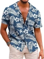 Detail of navy blue tropical shirt showing palm leaf print and chest pocket texture - M / Tops / Dark Blue White Hibiscus Style (QCST2028)